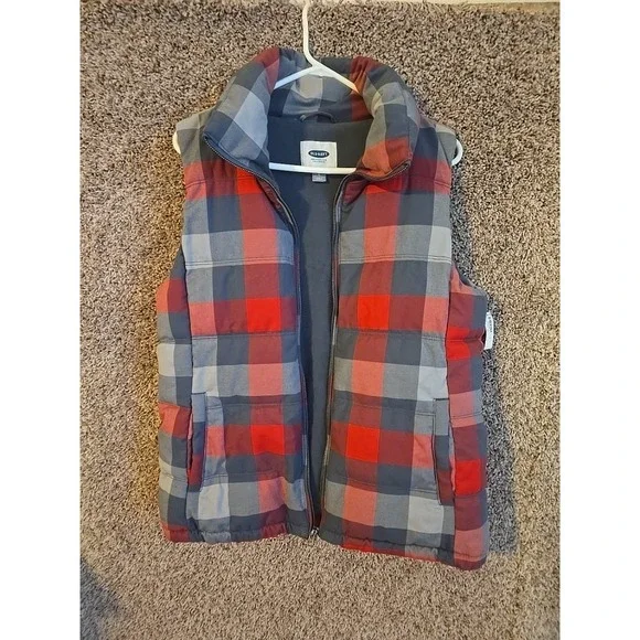 Old Navy Puffer Vest Womans Large Jacket Plaid Quilted Red Thick Full Zip - Picture 1 of 6